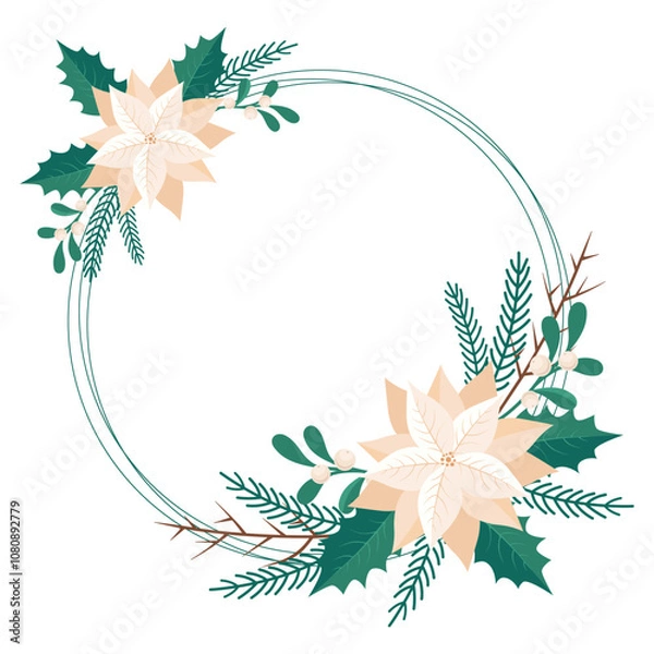 Fototapeta christmas frame with white poinsettia plants and fir branches, isolated vector illustration on white background, template for greeting cards,invitation,poster,banner,christmas decoration