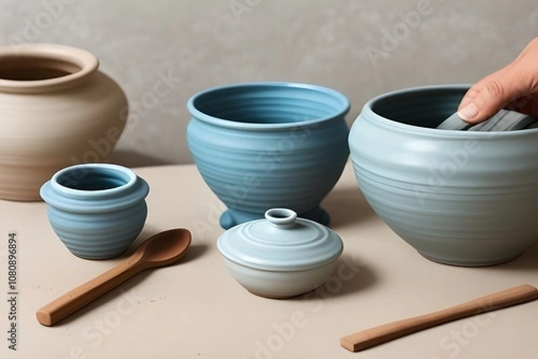 Obraz "Handcrafting Pottery Process Isolated on White Background" Generative AI illustration