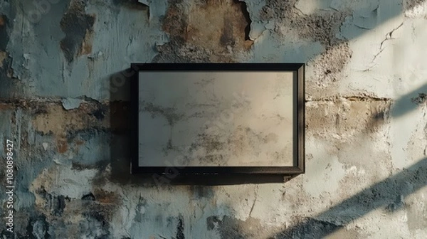 Fototapeta Smooth black frame on peeling wall texture contrasts soft sunlight