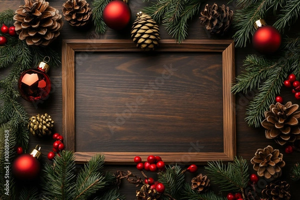 Fototapeta Festive Holiday Decorations Surround an Empty Wooden Frame Adorned With Pine Cones, Berries, and Ornaments on a Dark Background