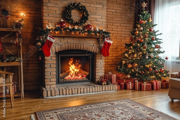 Fototapeta Festively Decorated Fireplace With Stockings, a Christmas Tree, and a Cozy Fire Glowing Warmly in a Rustic Living Room During the Holiday Season