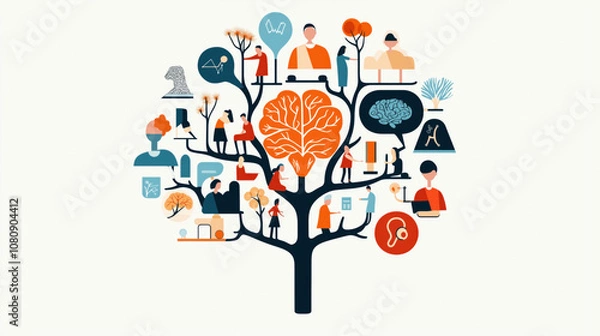 Fototapeta Colorful tree illustration with interconnected branches featuring various human brain and mind symbols, people interacting, healthcare icons, and learning concepts on a white background.