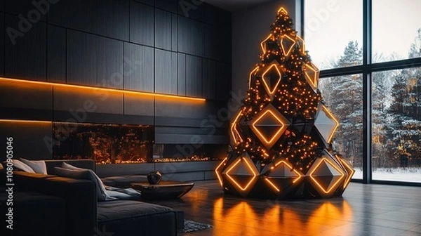Fototapeta Modern Christmas tree in stylish interior