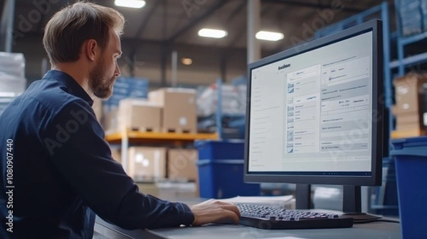Obraz Warehouse staff using return software for reverse logistics