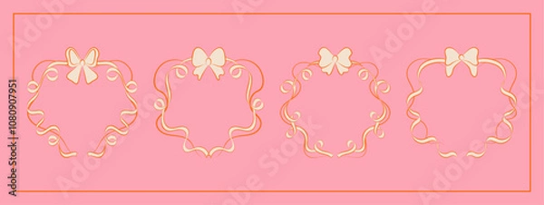 Fototapeta Set of hand drawn minimalist lace ribbons frame with bow knots. Vintage coquette Lolita style, heart shaped valentine frame. Perfect for poster, greeting cards, wedding invitations, branding, logo.