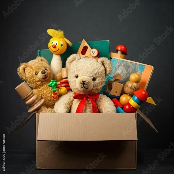 Fototapeta  cardboard box filled with children's toys, including a plush teddy bear, dolls, colorful building blocks, and books, symbolizing joy and play. Dark, neutral background.