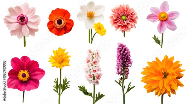 Fototapeta Selection of various beautiful flowers on a transparent background. isolated background.