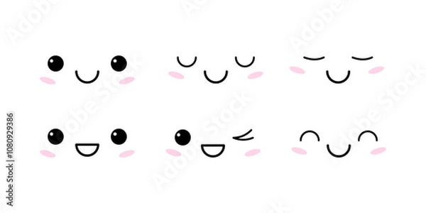 Fototapeta Kawaii facial expressions of joy, happiness, calmness, peace. Vector illustration of simple positive emotions character with eyes and mouth.