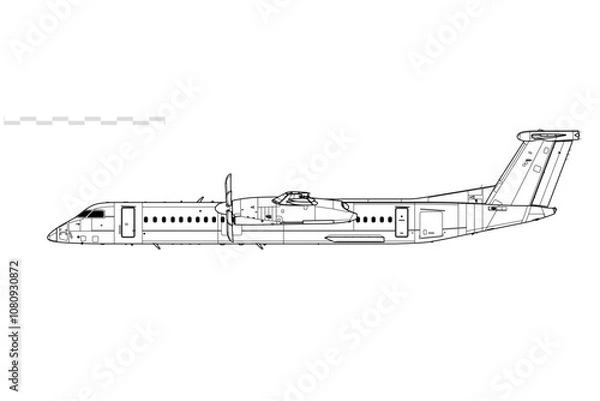 Fototapeta De Havilland Dash 8-Q400, DHC-8-Q400. Vector drawing of turboprop regional airliner. Side view. Image for illustration and infographics.