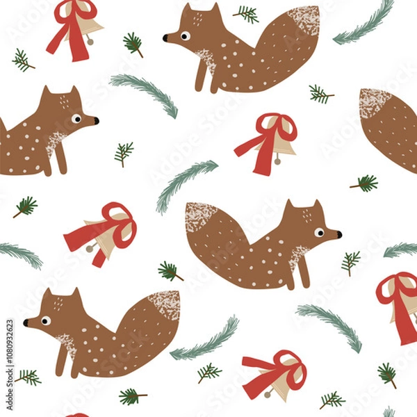Fototapeta Seamless pattern with Christmas bells and animals. Cute holiday print. Vector hand drawn illustration.