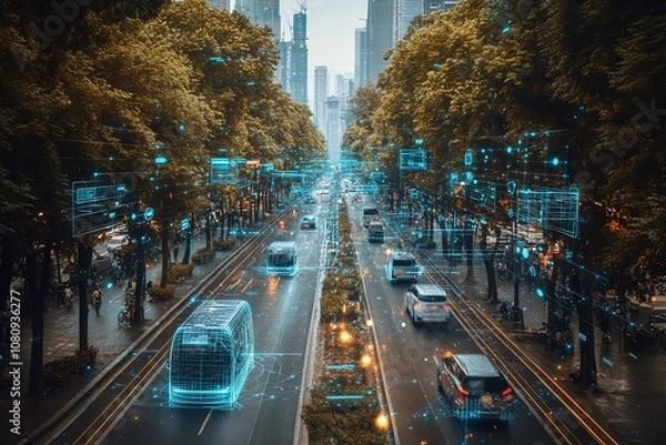 Fototapeta Futuristic cityscape with digital data and self-driving cars on a busy street.