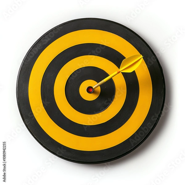 Obraz Yellow and Black Bullseye Target with Dart Hitting Center on White Background