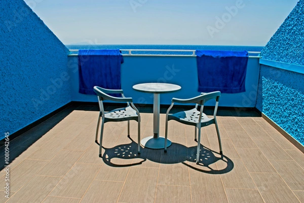 Fototapeta Hotel balcony by the ocean all in blue