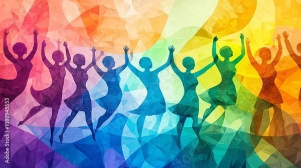 Fototapeta Colorful silhouettes celebrating joy and movement.