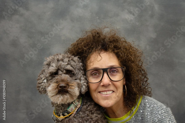 Obraz Portrait of a woman owner with his poodle dog with similar eyes and curly hair looking at camera