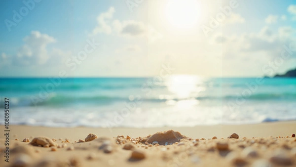Obraz Seascape streszczenie tła plaży. Rozmycie oceanu, światło spokojnego morza i nieba. Skoncentrowane na pierwszym planie, czyli piasku. 