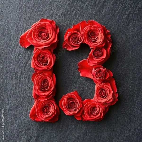 Fototapeta Number "13" made of red roses, on black stone surface or table