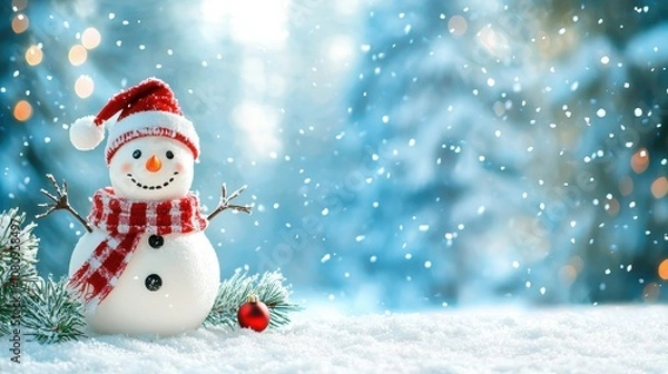 Fototapeta Merry Christmas and Happy New Year greeting card with copy-space, featuring a happy snowman standing in a Christmas landscape with a snow background and winter fairytale theme.