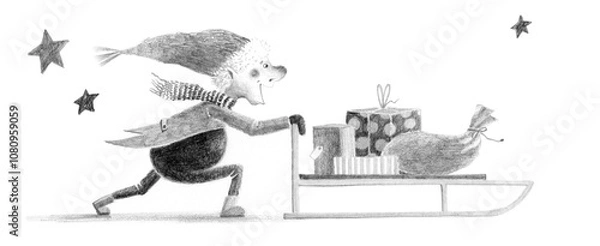 Fototapeta Gnome pushing the Sled with Presents. Christmas Hand Drawn Illustration  Isolated on White