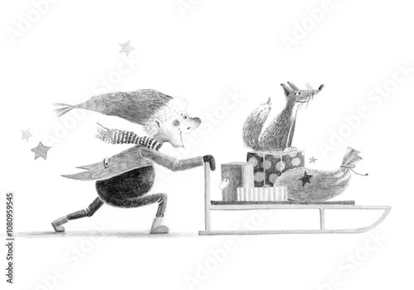 Fototapeta Gnome pushing the Sled with Presents. Christmas Hand Drawn Illustration  Isolated on White