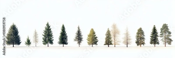 Fototapeta Serene Tree Line: Evergreen Trees Against a White Background