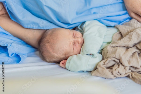 Fototapeta A baby lies with the mother after childbirth, resting peacefully. The serene moment captures the bond between mother and child as they begin their journey together. The hospital environment ensures a
