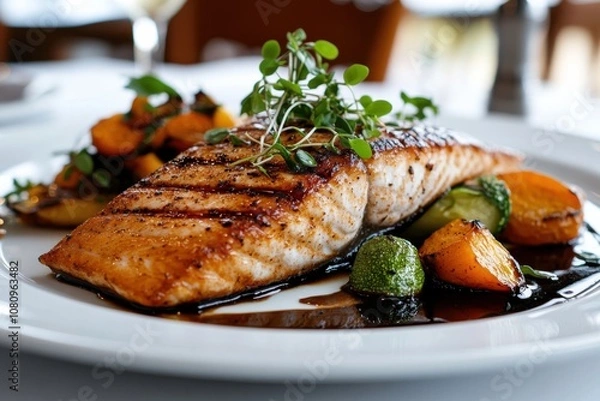 Fototapeta A perfectly grilled salmon fillet enhanced with vibrant vegetables and freshly cut herbs, delivering a delightful blend of flavors for a pleasurable dining experience.
