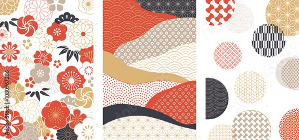 Obraz 和風の背景デザイン／和柄と花柄