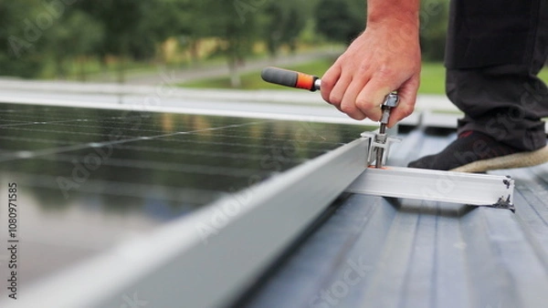 Fototapeta Mounting solar panel, installing solar panels on the roof of the house. Connection of solar panels. Close up of worker installing and working on maintenance of photovoltaic panel system installed