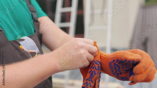 Fototapeta POV Worker put on Yellow Gloves on Hands. Point of view Diy carpenter prepares for work. Handyman puts on gloves. A man in uniform puts on gloves