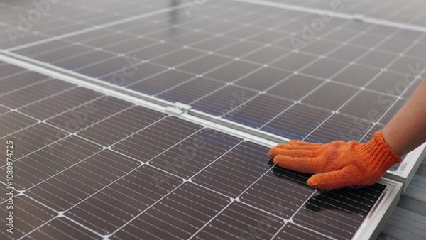 Fototapeta Unrecognizable man glove wiping solar panel from dust on sunny day. Close up of a young engineer hand is checking the operation of sun and cleanliness of photovoltaic solar panels on a sunset