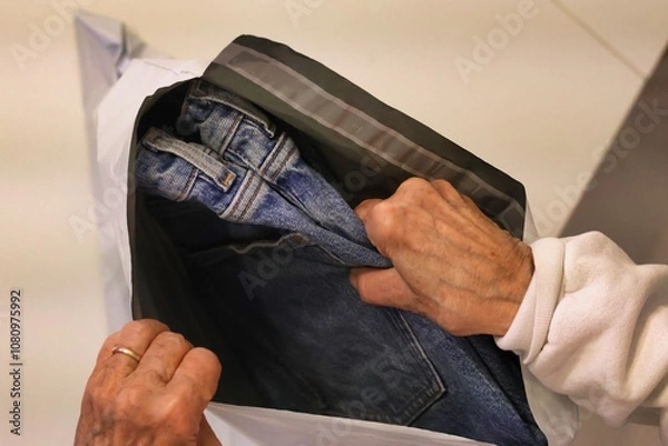 Obraz Selling or returning clothes; Close-up of hands packing jeans into a plastic bag