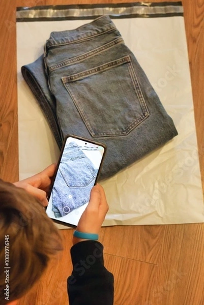 Obraz Selling or returning clothes; Close up of a person taking photos of jeans before packaging