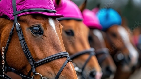 Fototapeta A vivid lineup of horses wearing bright pink and blue jockey outfits, poised for action, conveying energy, strength, and the thrill of horse racing.