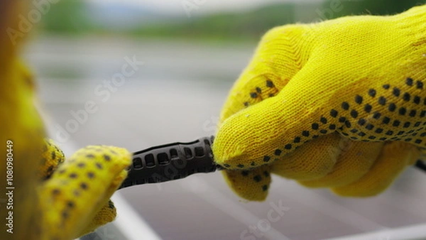 Fototapeta Solar Station Equipment. Connecting wires of solar panels at a solar farm. Engineers connect electrical system outdoors on a background of solar panels. Worker in protective gloves connects wire.