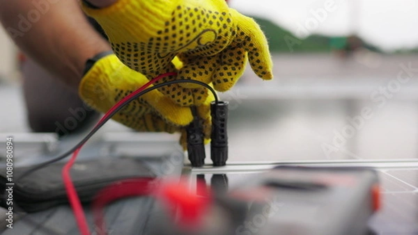 Fototapeta Close up, Solar energy specialist monitoring solar panels with his multimeter. Alternative, green energy worker. Energy engineer monitoring solar panels with his multimeter. Solar energy concept