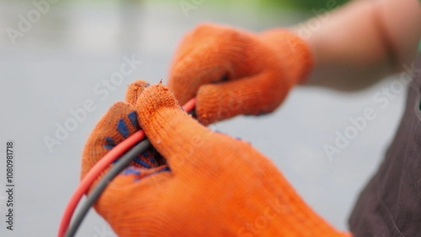 Fototapeta An electrician worker holds a red and black high-voltage electric cable, checks the quality of the cables. Connecting electrical cables. Close up of male hands in protective gloves holding cable.
