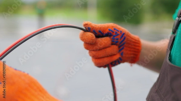 Fototapeta An electrician worker holds a red and black high-voltage electric cable, checks the quality of the cables. Connecting electrical cables. Close up of male hands in protective gloves holding cable.