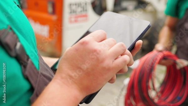 Fototapeta Electrical worker engineer a working with digital tablet, power near tower with electricity. energy business technology industry concept. electrical engineer studying reading on tablet