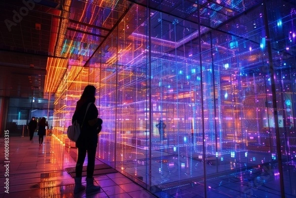 Fototapeta A woman stands in front of a building made of LED lights that pulsate with vibrant colors A building made entirely of pulsating LED lights