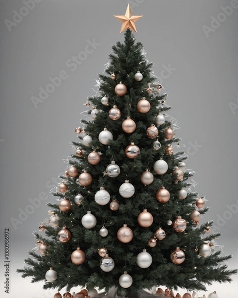 Fototapeta Decorated christmas tree with ornaments and lights, PNG style, transparent background for festive holiday designs
