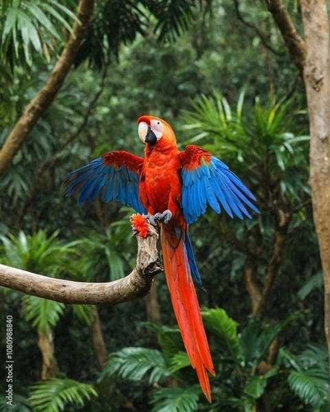 Fototapeta Hybrid parrot in the jungle forest. Rare form Ara macao x Ara ambigua, scarlet and green macaw form, Costa Rica. Wildlife scene from tropical nature. Bird in fly, jungle.