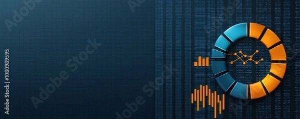Fototapeta keyword for marketing in trends. Abstract data visualization background featuring orange and blue circular elements with graphs and binary code, perfect for technology and finance themes