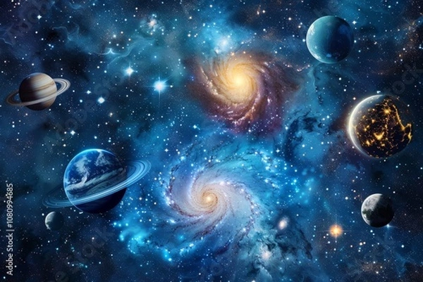 Fototapeta A large celestial body with a mottled surface, possibly a moon or planet, floats against a backdrop of twinkling stars and swirling nebulae A celestial backdrop of shimmering stars and planets