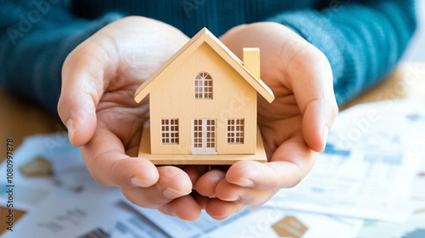 Fototapeta Hands Carefully Hold a Miniature House Model Over a Table Filled With Real Estate Documents Reflecting the Home Buying Journey