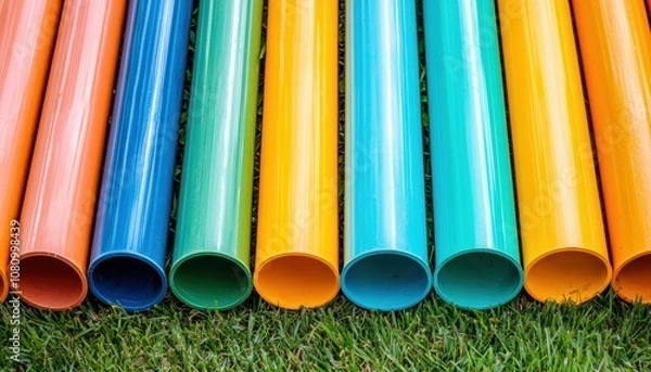 Obraz Boldly colored PVC pipes arranged outdoors, highlighting modern materials used for sustainable water and sewage management systems