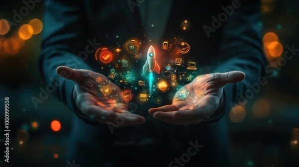 Obraz Hands holding a rocket and digital icons.