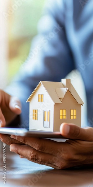 Fototapeta Real Estate Advisor Showcasing a House Model on a Tablet During a Virtual Tour for Potential Buyers in a Modern Office Setting