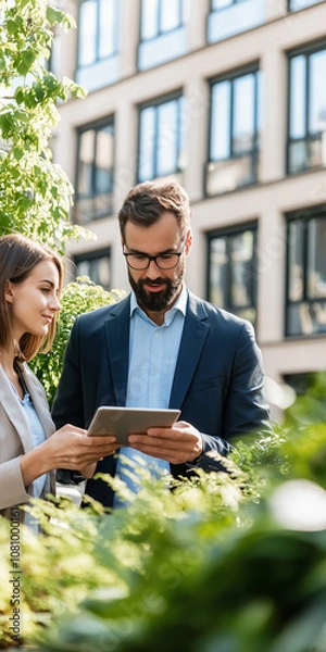 Fototapeta A Real Estate Agent Guides a Young Couple Through Property Market Trends Using a Tablet in an Urban Garden Setting