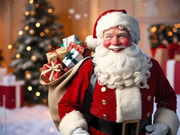 Obraz Smiley santa claus with christmas gifts